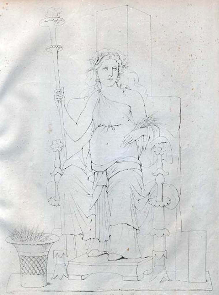 VI.10.11 Pompeii. Room 3, drawing of Ceres, painted on the south wall in the south-west corner of the atrium.
See Zahn, W., 1842. Die schönsten Ornamente und merkwürdigsten Gemälde aus Pompeji, Herkulanum und Stabiae: II. Berlin: Reimer. (tav 82)
Original painting removed and taken to Naples Archaeological Museum, inventory number 9457.