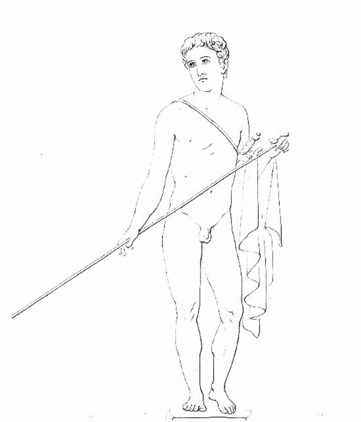VI.10.11 Pompeii. Room 3, drawing of naked warrior, painted on the west wall, south of the doorway to room 12.
See Zahn, W., 1852. Die schönsten Ornamente und merkwürdigsten Gemälde aus Pompeji, Herkulanum und Stabiae: III. Berlin: Reimer. (tav 68)
See Helbig, W., 1868. Wandgemälde der vom Vesuv verschütteten Städte Campaniens. Leipzig: Breitkopf und Härtel. (1832)
Original painting removed and taken to Naples Archaeological Museum, inventory number 9123.