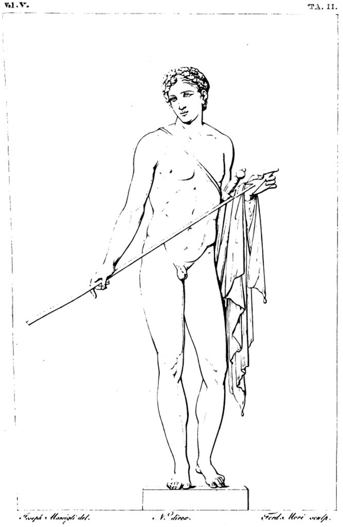 VI.10.11 Pompeii. Pre-1829.
Room 3, drawing by Giuseppe Marsigli of naked warrior, painted on the west wall, south of the doorway to room 12.
See Real Museo Borbonico, Vol. V, 1829, Tav. II.