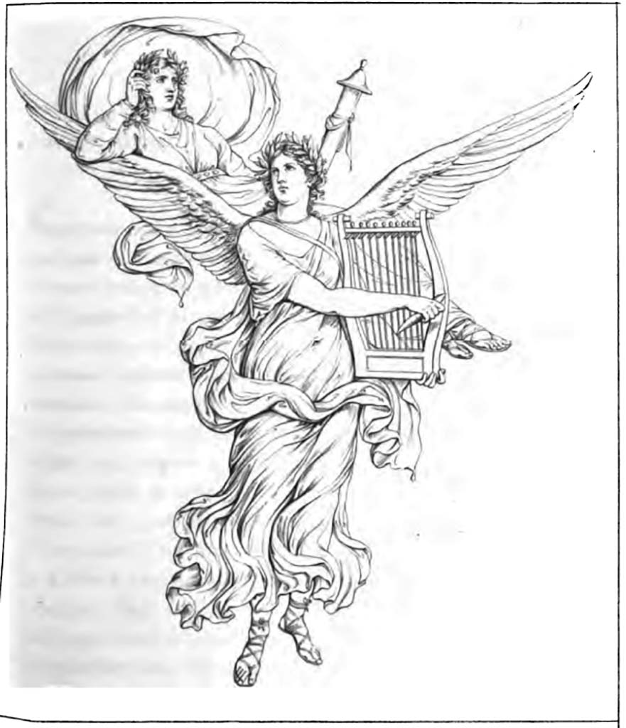 VI.10.11 Pompeii. 
Room 3, drawing by Maldarelli of a winged Muse and Artemis/Diana, painted on the west wall of the atrium, on the pilaster between rooms 12 and 11.
See Real Museo Borbonico, Vol. V, 1829, Tav. XIX (19)