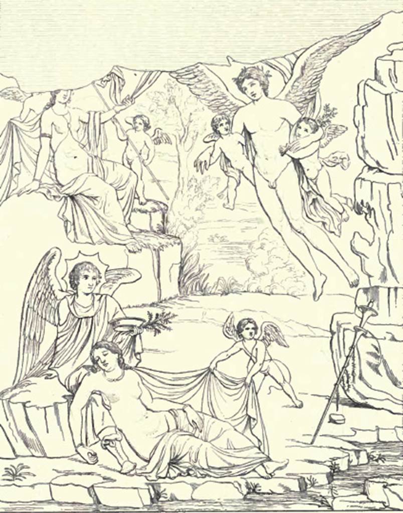 VI.10.11 Pompeii. 1828. Room 15, drawing of painting of Zephyrus  and Chloris, from centre of south wall of triclinium.  See Roux, H., 1839. Herculanem et Pompei recueil general des Peintures, Bronzes, Mosaiques : Tome 2. Paris: Didot. ( Pl. 75).
