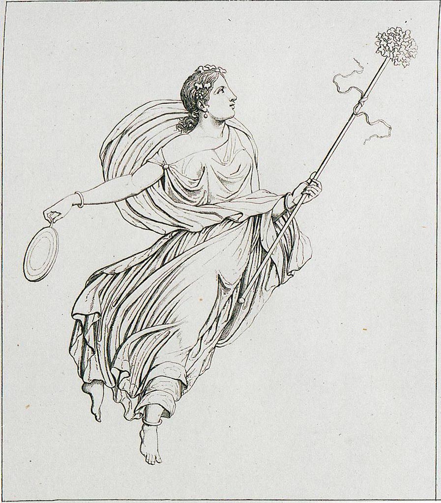 VI.10.11 Pompeii. 1835. Room 15, drawing of painting of Maenad in flight from east end of south wall of triclinium.  
See Real Museo Borbonico 1835, Volume 11, Tav. IV.