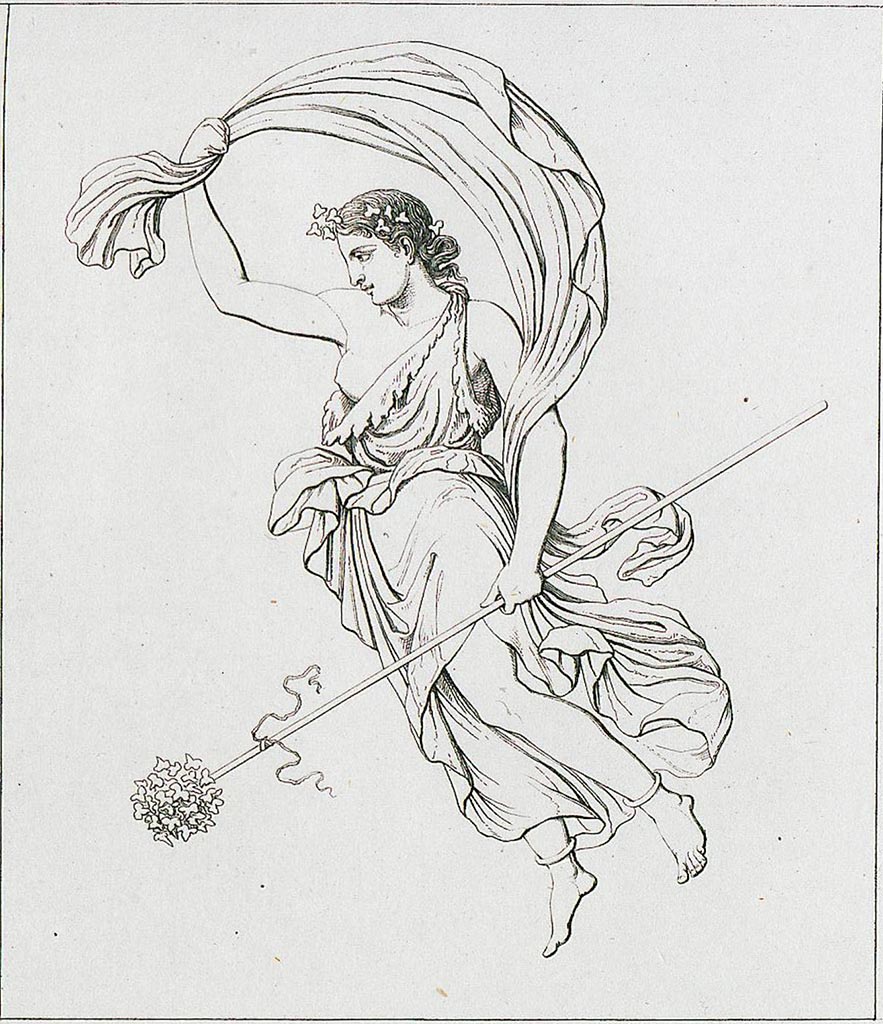 VI.10.11 Pompeii. 1835. Room 15, drawing of painting of Maenad in flight from west end of south wall of triclinium.  
See Real Museo Borbonico 1835, Volume 11, Ta. IV.