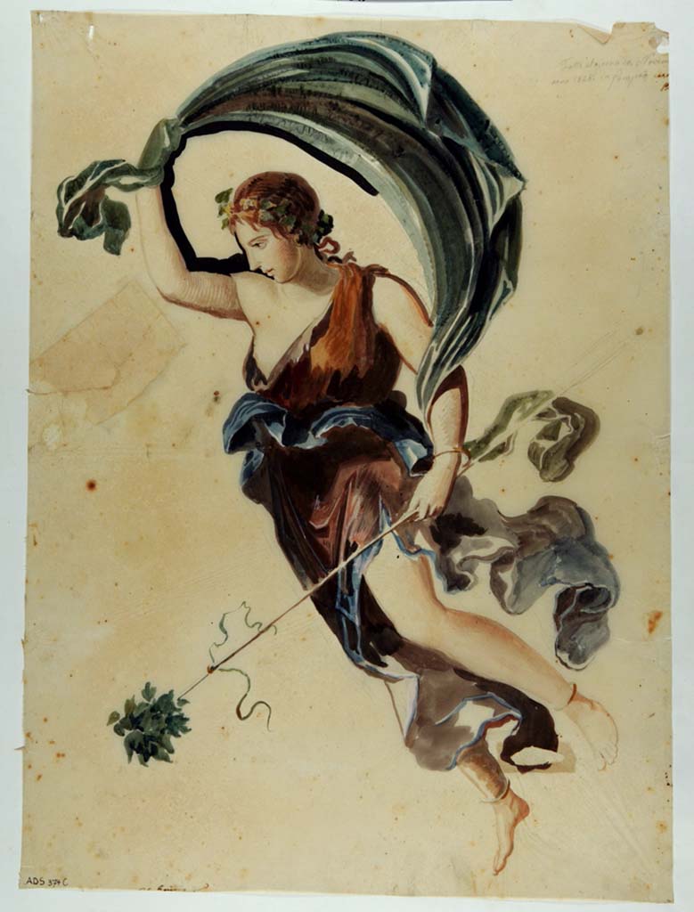 VI.10.11 Pompeii. Painting by Giuseppe Marsigli painted 10th November 1826 from the south wall of the oecus. 
Now in Naples Archaeological Museum. Inventory number ADS 374c.
Photo © ICCD. http://www.catalogo.beniculturali.it
Utilizzabili alle condizioni della licenza Attribuzione - Non commerciale - Condividi allo stesso modo 2.5 Italia (CC BY-NC-SA 2.5 IT)
This painting of a Maenad was not detached and is now faded and lost.