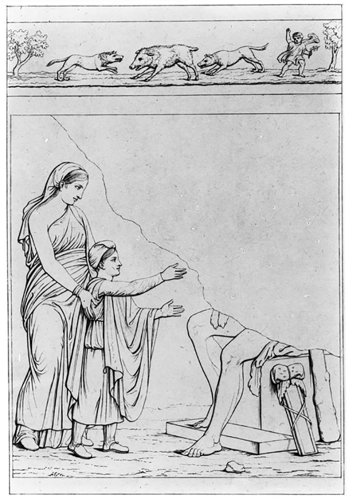 VI.10.11 Pompeii. W.163. 
Room 15, remains of wall painting from centre of west wall showing Hercules, a woman and a youth.
See Real Museo Borbonico, Vol. IV, 1827, tav.32.
See Helbig, W., 1868. Wandgemälde der vom Vesuv verschütteten Städte Campaniens. Leipzig: Breitkopf und Härtel. (1147)
The panel above the wall painting showed the painting that was found on the predella of the south wall, under the central painting of the wedding of Zephyr and Chloris.
This showed a hunt, with ferocious beasts, and a cupid, and was on a black background.
Photo by Tatiana Warscher. Photo © Deutsches Archäologisches Institut, Abteilung Rom, Arkiv.