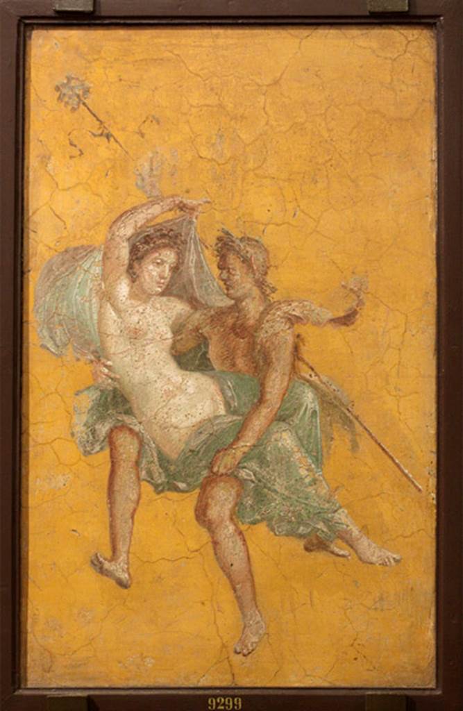 VI.10.11 Pompeii. Room 16, west wall of oecus. Floating Bacchic group, or Maenad and Satyr. Now in Naples Archaeological Museum.  Inventory number 9299.
See Helbig, W., 1868. Wandgemälde der vom Vesuv verschütteten Städte Campaniens. Leipzig: Breitkopf und Härtel. (528).