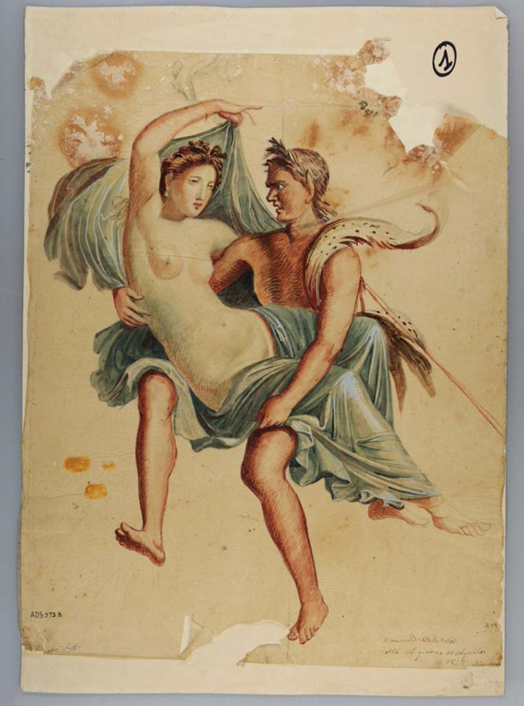 VI.10.11 Pompeii. Room 16, west wall of oecus/triclinium. Floating Bacchic group, or Maenad and Satyr.
Painting by Giuseppe Marsigli made 30th April 1827, 
Now in Naples Archaeological Museum. Inventory number ADS 373b.
Photo © ICCD. http://www.catalogo.beniculturali.it
Utilizzabili alle condizioni della licenza Attribuzione - Non commerciale - Condividi allo stesso modo 2.5 Italia (CC BY-NC-SA 2.5 IT)
The original painting was then detached and is now in Naples Archaeological Museum. Inventory number 9299.