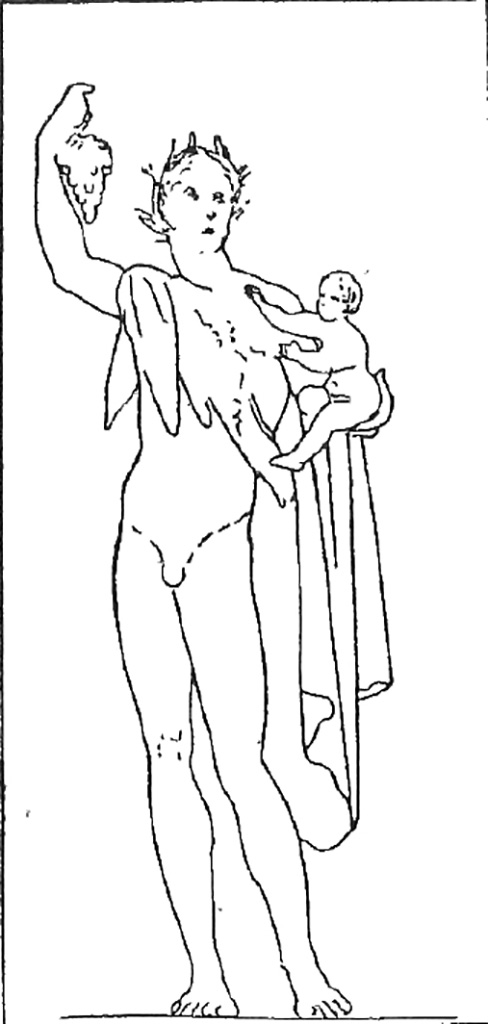 VI.10.11 Pompeii. Room 16, west wall of oecus/triclinium. 
Drawing of wall painting with figures of Satyr holding Dionysus.  
See Reinach S., 1922. Répertoire de peintures grecques et romaines. Paris Leroux. (97,4).