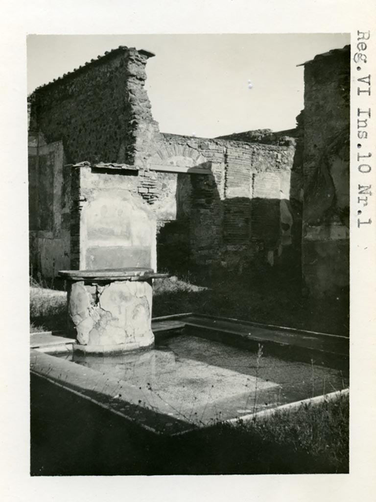 VI.10.11 Pompeii but shown as from VI.10.1 on the photo. Pre-1937-39. 
Looking north-east across room 3, atrium.
Photo courtesy of American Academy in Rome, Photographic Archive. Warsher collection no. 1832.