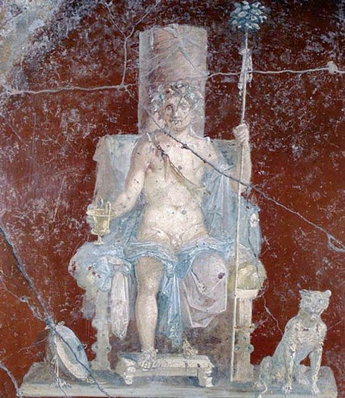 VI.10.11 Pompeii. Room 3, wall painting of Bacchus on his throne, fromsouth wall of atrium. Now in Naples Archaeological Museum, inventory number 9456. Found 19th September 1825. Photo courtesy of Davide Peluso. See PAH II 139-140.
See Pagano, M. and Prisciandaro, R., 2006. Studio sulle provenienze degli oggetti rinvenuti negli scavi borbonici del regno di Napoli.  Naples: Nicola Longobardi. (p.133).