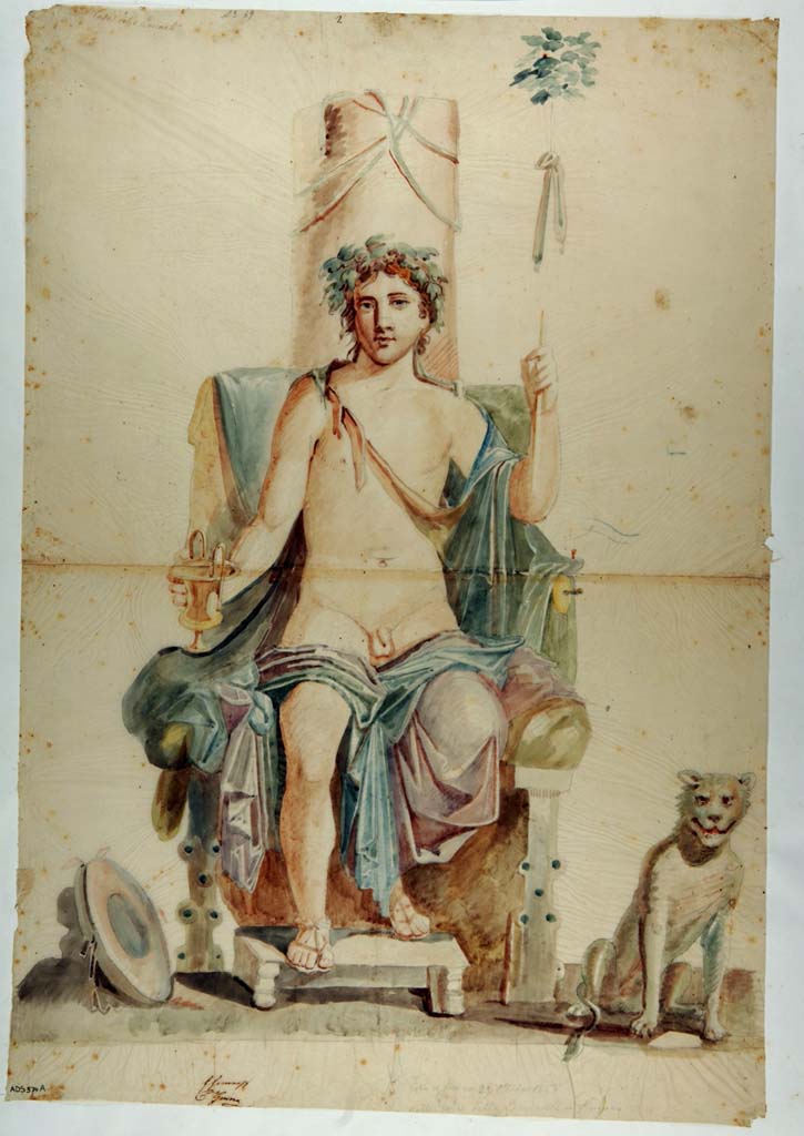 VI.10.11 Pompeii. Room 3, wall painting of Bacchus on his throne, from south wall of atrium.
Watercolour copy by Giuseppe Marsigli, finished 29th October 1828, of a painted panel from the atrium.
Now in Naples Archaeological Museum. Inventory number ADS 374a.
Photo © ICCD. http://www.catalogo.beniculturali.it
Utilizzabili alle condizioni della licenza Attribuzione - Non commerciale - Condividi allo stesso modo 2.5 Italia (CC BY-NC-SA 2.5 IT)
The original painting was then detached and is now in Naples Museum, inventory number 9456.