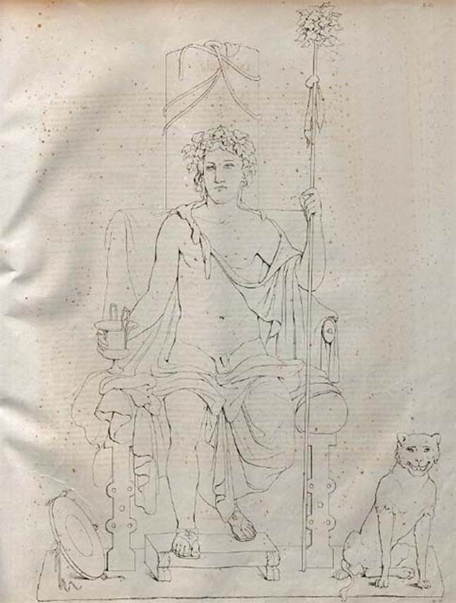VI.10.11 Pompeii. 
Room 3, drawing of sitting Bacchus, crowned with ivy, and a cup in his hand, his panther at his side.
See Zahn, W., 1842. Die schönsten Ornamente und merkwürdigsten Gemälde aus Pompeji, Herkulanum und Stabiae: II. Berlin: Reimer. (Tav. 81)
The painting is now in Naples Archaeological Museum, inventory number 9456.
Kuivalainen comments –
“Bacchus portrayed with a panther, with no interactivity between the figures; both are looking towards the viewer. He is one of the several enthroned divinities in the atrium.”
See Kuivalainen, I., 2021. The Portrayal of Pompeian Bacchus. Commentationes Humanarum Litterarum 140. Helsinki: Finnish Society of Sciences and Letters, (p.119-120, C20).