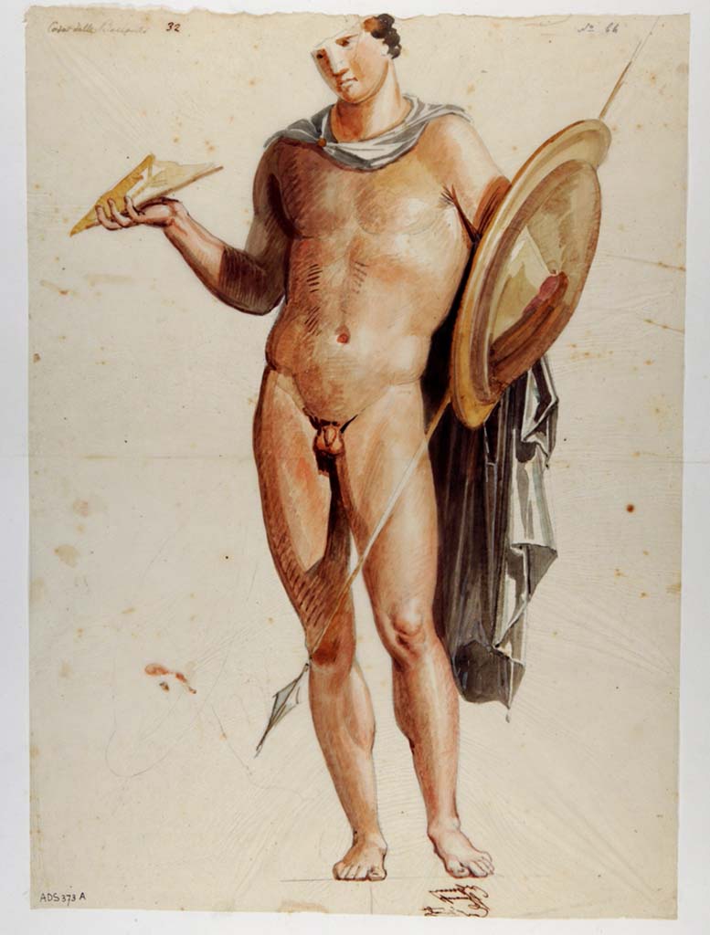 VI.10.11 Pompeii. Room 3, painting of naked warrior, from south side of doorway to room 4 on east wall of atrium.
This painting by Giuseppe Marsigli has some differences with the drawing below.
Now in Naples Archaeological Museum. Inventory number ADS 373A.
Photo © ICCD. http://www.catalogo.beniculturali.it
Utilizzabili alle condizioni della licenza Attribuzione - Non commerciale - Condividi allo stesso modo 2.5 Italia (CC BY-NC-SA 2.5 IT)
See Helbig, W., 1868. Wandgemälde der vom Vesuv verschütteten Städte Campaniens. Leipzig: Breitkopf und Härtel. (1833)