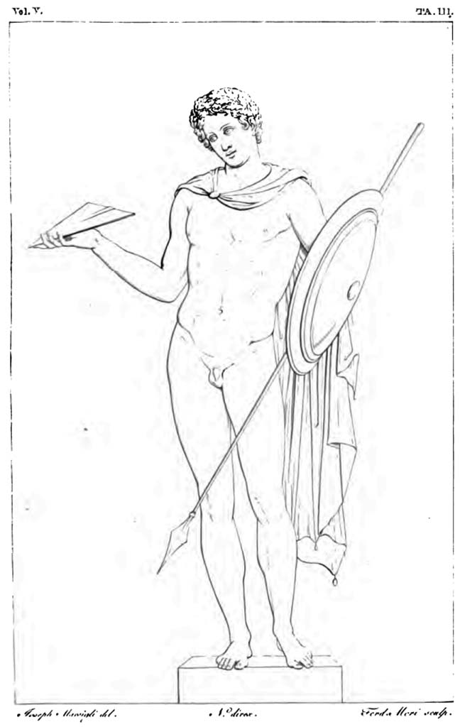VI.10.11 Pompeii. Pre-1829.
Room 3, drawing by Marsigli of naked warrior, from south side of doorway to room 4 on east wall of atrium.
See Real Museo Borbonico, 1829, vol. V, Tav. III.