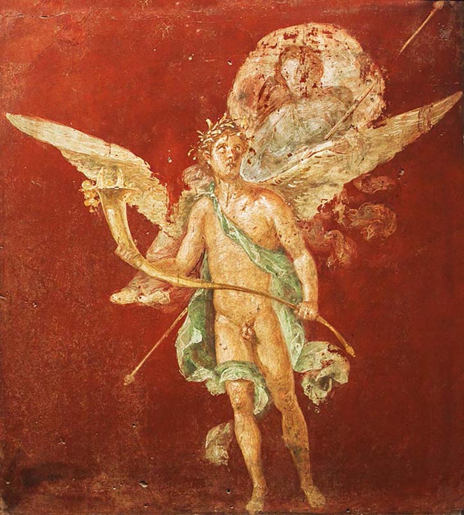 VI.10.11 Pompeii. Room 3, fresco of flying couple, with cornucopia.
Now in Naples Archaeological Museum, inventory number 8830.
Our thanks to Rachel Lowder for helping with this.