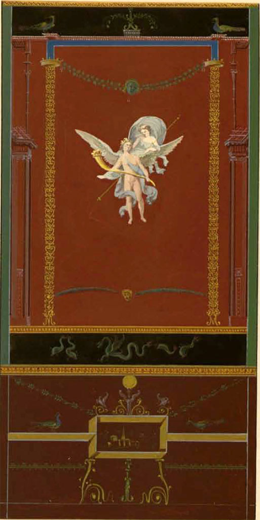 VI.10.11 Pompeii. Between 1823 and 1828 painting by F. Duban.
Wall panel from east wall of room 3, atrium, between doorways to cubiculum 4 and 5.
See Duban F. Album de dessins d'architecture effectués par Félix Duban pendant son pensionnat à la Villa Medicis, entre 1823 et 1828 : Tome 2, Pompéi, pl. 42.
INHA Identifiant numérique NUM PC 40425 (2)
https://bibliotheque-numerique.inha.fr/idurl/1/7157  « Licence Ouverte / Open Licence » Etalab
