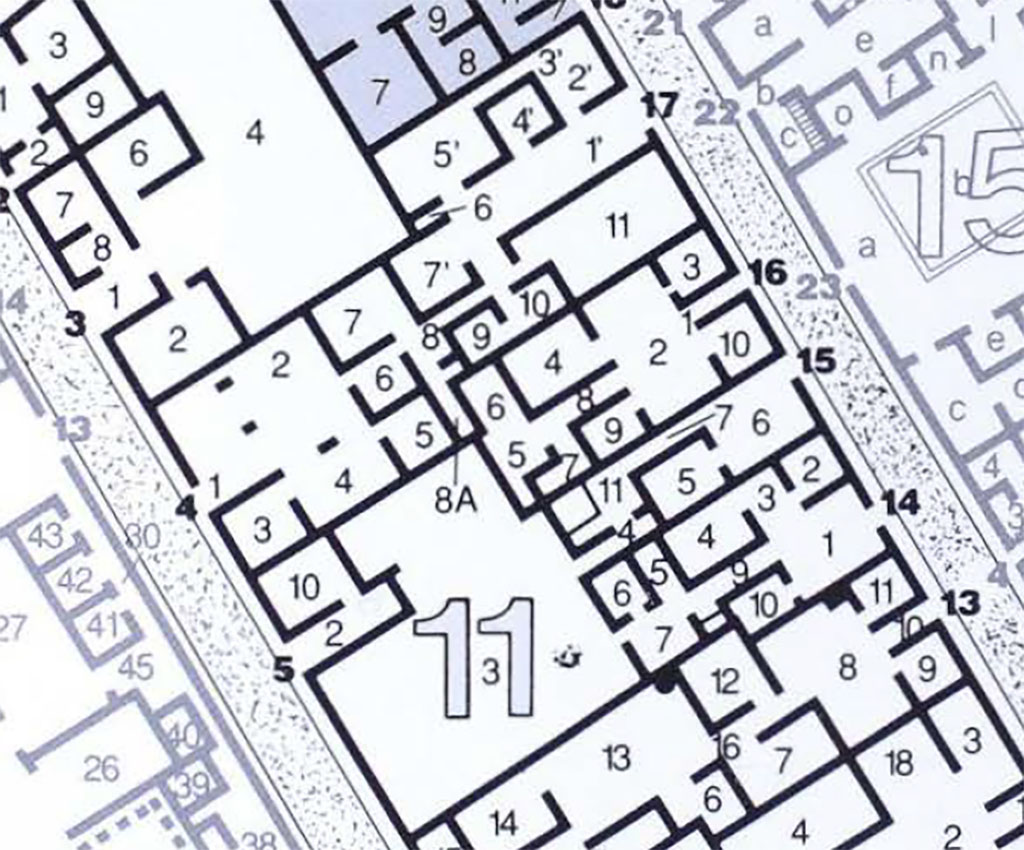 VI.11.4.17 Pompeii. Plan including VI.11.4 and VI.11.17.
See Carratelli, G. P., 1990-2003. Pompei: Pitture e Mosaici: Vol. V. Roma: Istituto della enciclopedia italiana, p. 76.