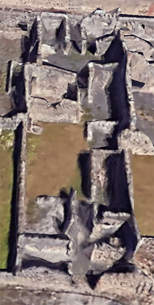 VI.11.6 Pompeii. Google Earth. 2023. 
Looking east from VI.11.6 entrance doorway, lower centre, towards VI.11.13, upper centre .