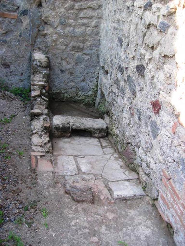 VI.11.6 Pompeii. July 2008. Looking south to latrine with foot rest, and drain through wall onto vicolo.
Photo courtesy of Barry Hobson.