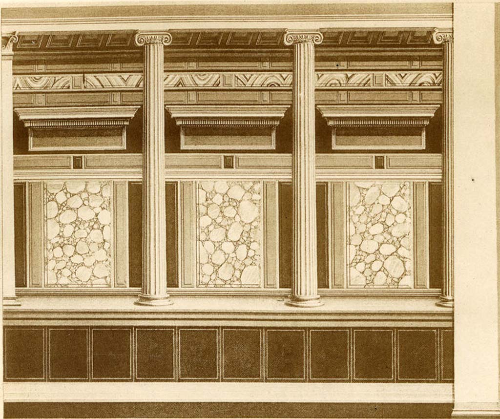 VI.11.9 Pompeii. Before 1882. Room 7, west ala, II Style north wall, as reconstructed by A. Sikkard.
See Mau, A. 1882. Geschichte der Decorativen Wandmalerei in Pompeji. Berlin: Reimer, Taf. IVa.
According to PPM, on a green base, leans a row of yellow Ionic columns on a violet podium, supporting a brown ceiling. 
The wall behind the columns was divided into a middle zone with imitation marble panels, between violet separations, a violet frieze with light red slabs surmounted by a yellow molding, and an upper area with rows of colored ashlars.
See Carratelli, G. P., 1990-2003. Pompei: Pitture e Mosaici, 5. Roma: Istituto della enciclopedia italiana, p. 13.