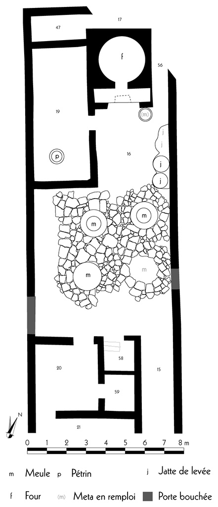 Fig. 8 - Pompéi Pistrina. Relevé de la boulangerie VI 11, 9-10.
Relevé – dessin : N. Monteix ; échelle : 1/100.
