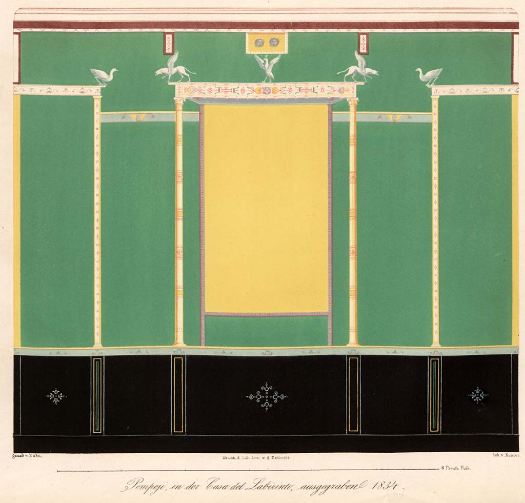 VI.11.9 Pompeii. Pre-1849. Room 21, west or east wall of tepidarium.
See Zahn W., 1849. Ornamente aller klassischen Kunst-Epochen nach den Originalen in ihren eigenthümlichen Farben. Berlin: Reimer, Taf. 36.