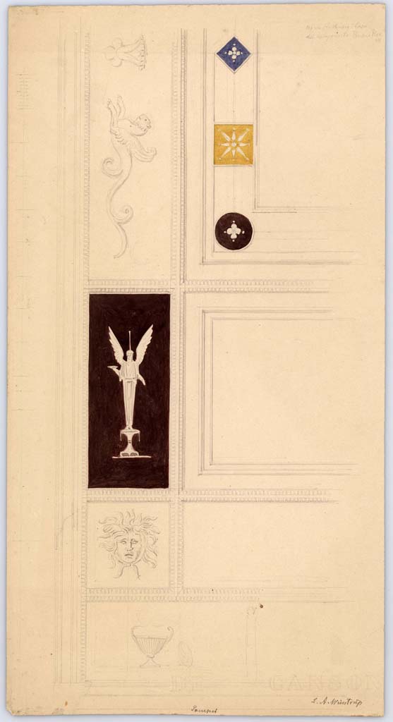 VI.11.9 Pompeii. November 1849. 
Room 21, south end of arch in tepidarium of baths complex, drawing by Laurits Albert Winstrup. 
Photo © Danmarks Kunstbibliotek, inventory number ark_6179.