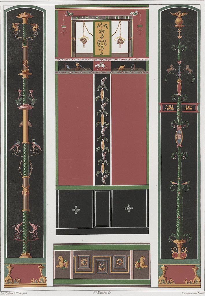 VI.11.9 Pompeii. Room 22, reproduction painting of east wall, seen in centre.
See Niccolini, F., 1862. Le Case ed i Monumenti di Pompei: Book 2, (Tav. LIII).