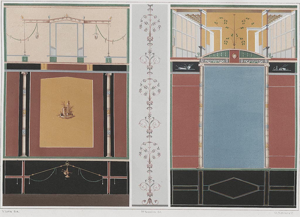 VI.11.9 Pompeii. Room 22, reproduction painting of south wall in caldarium, on right. The location of the wall on the left is unknown.
See Niccolini, F., 1862. Le Case ed i Monumenti di Pompei: Book 2, (Tav. XLIX).