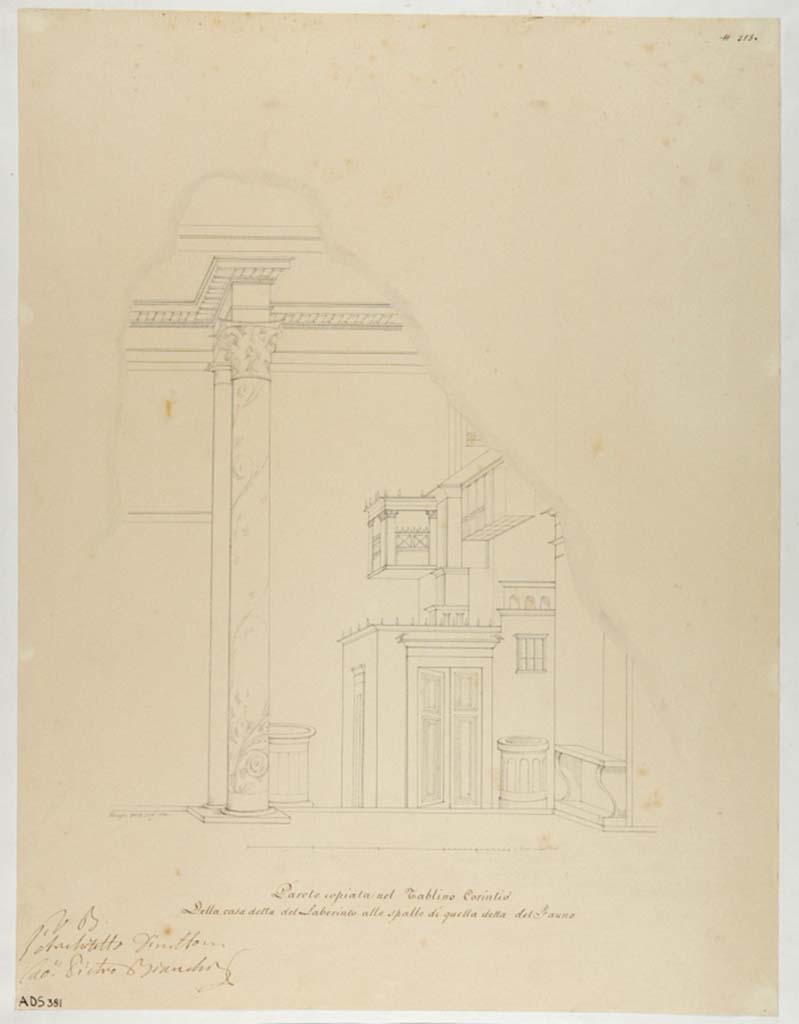 VI.11.10 Pompeii. 
Drawing by Giuseppe Abbate, 1835, showing decoration from east end of north wall of Corinthian oecus 43.
Now in Naples Archaeological Museum. Inventory number ADS 381.
Photo © ICCD. http://www.catalogo.beniculturali.it
Utilizzabili alle condizioni della licenza Attribuzione - Non commerciale - Condividi allo stesso modo 2.5 Italia (CC BY-NC-SA 2.5 IT)