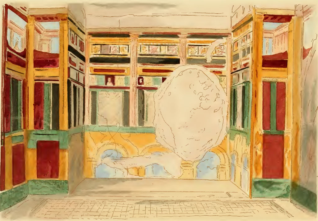 VI.11.10 Pompeii. Undated painting by Pierre Gusman. 
Room 46, looking north in cubiculum or bedroom on north-east corner of the peristyle.
(III. Oecus, à murs creux, ayant probablement servi de salle chaude. Maison du Labyrinthe (Région VI, 9, 10, 11). Deuxième style.)
See Gusman P., 1924. La Décoration Murale de Pompei. Paris : Morancé, pl. III.