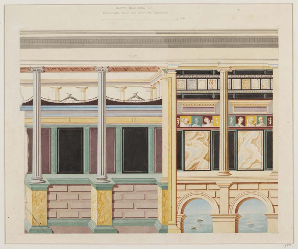 VI.11.10 Pompeii. Room 46, painted architectural scene on west wall of bedroom.
Watercolour by Ludwig Wilhelm Heinrich Gruner, born 1801 - died 1882, and Luigi Bazzani, born 1836 - died 1927 (maker). 
Photo © Victoria and Albert Museum. Inventory number 1752.