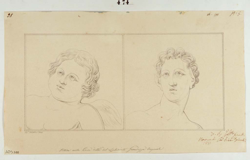 VI.11.10 Pompeii. Drawing by Giuseppe Abbate, 1841, of head of a Cupid and Satyr from upper wall of alcove in cubiculum 46. 
Now in Naples Archaeological Museum. Inventory number ADS 388.
Photo © ICCD. https://www.catalogo.beniculturali.it
Utilizzabili alle condizioni della licenza Attribuzione - Non commerciale - Condividi allo stesso modo 2.5 Italia (CC BY-NC-SA 2.5 IT)
http://www.catalogo.beniculturali.it
Utilizzabili alle condizioni della licenza Attribuzione - Non commerciale - Condividi allo stesso modo 2.5 Italia (CC BY-NC-SA 2.5 IT)