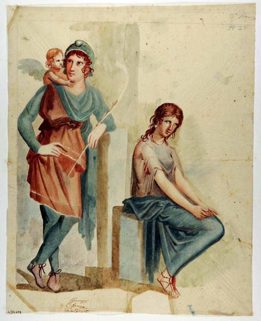VI.11.10 Pompeii. Room 29.
Painting by Giuseppe Marsigli, of painting of Paris and Helen from centre of north wall of cubiculum which was left in situ.
Now in Naples Archaeological Museum. Inventory number ADS 379.
Photo © ICCD. https://www.catalogo.beniculturali.it
Utilizzabili alle condizioni della licenza Attribuzione - Non commerciale - Condividi allo stesso modo 2.5 Italia (CC BY-NC-SA 2.5 IT)
