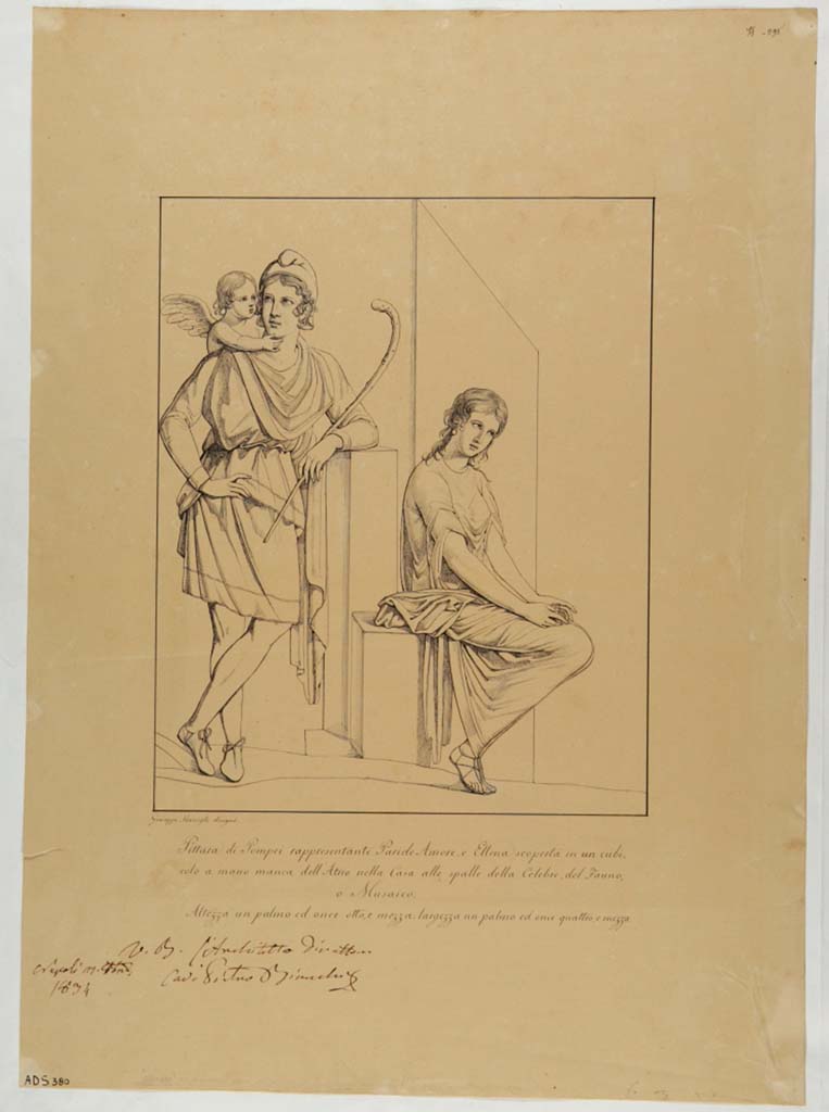 VI.11.10 Pompeii. Room 29.
Drawing by Giuseppe Marsigli, this had previously been identified as Paris and Helen, but later thought to be Paris and Oenone.
Now in Naples Archaeological Museum. Inventory number ADS 380.
Photo © ICCD. https://www.catalogo.beniculturali.it
Utilizzabili alle condizioni della licenza Attribuzione - Non commerciale - Condividi allo stesso modo 2.5 Italia (CC BY-NC-SA 2.5 IT)