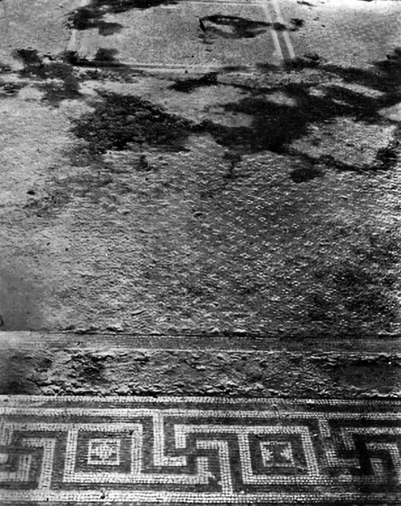 VI.11.10 Pompeii, c.1930. Room 39, flooring of oecus/triclinium with meander border and central emblema.
See Blake, M., (1930). The pavements of the Roman Buildings of the Republic and Early Empire. Rome, MAAR, 8, (p. 27, 84, & Pl.4, tav.1, above).
According to Blake - 
“In VI.XI.10 (Casa del Labirinto, Pl.4, Fig.1, (as above), it serves as an ornamental band for a cement floor of the second type, which is decorated in little crosses and seems clearly to belong to the walls with decorations in the second style.” (p.84).