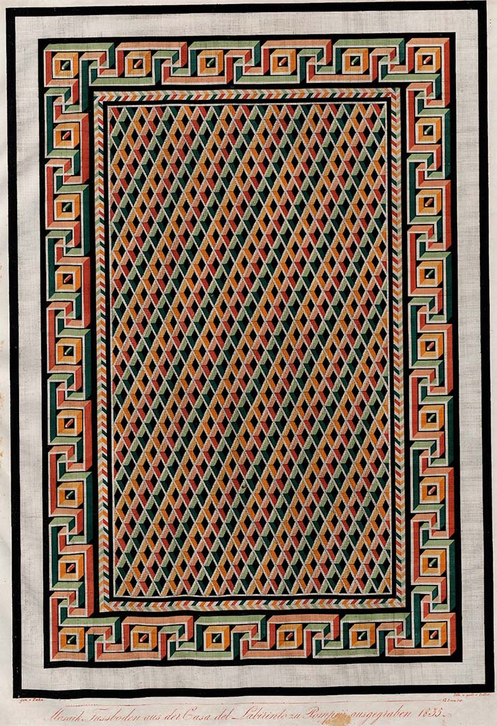 VI.11.10 Pompeii. 1842. Room 40 exedra, painting by Zahn, soon after its discovery, of multi-coloured mosaic floor with a meander surrounding a rhomboid pattern.
See Zahn, W., 1842. Die schönsten Ornamente und merkwürdigsten Gemälde aus Pompeji, Herkulanum und Stabiae: II. Berlin: Reimer, Taf. 99.