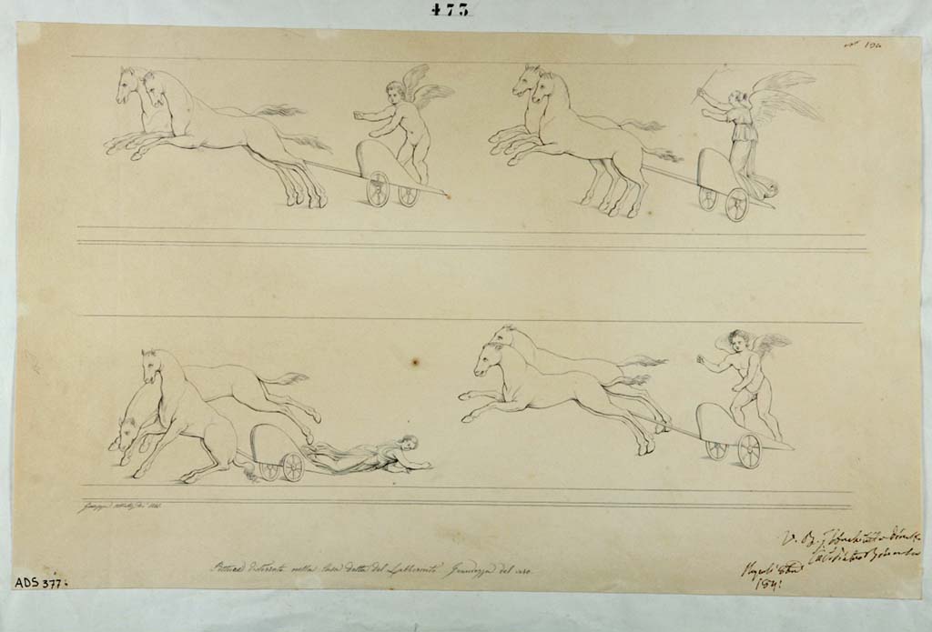 VI.11.10 Pompeii. 
Drawing by Giuseppe Abbate, 1841, of a Cupid’s race (now faded and lost) from room 40, painted in II style on violet background.
Now in Naples Archaeological Museum. Inventory number ADS 377.
Photo © ICCD. https://www.catalogo.beniculturali.it
Utilizzabili alle condizioni della licenza Attribuzione - Non commerciale - Condividi allo stesso modo 2.5 Italia (CC BY-NC-SA 2.5 IT)