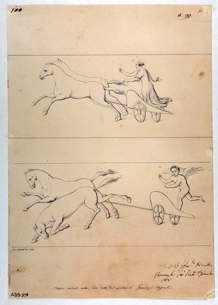 VI.11.10 Pompeii. 
Drawing by Giuseppe Abbate, 1841, of a frieze showing a chariot driven by a Vittoria and by a Cupid, from exedra 40.
Now in Naples Archaeological Museum. Inventory number ADS 378.
Photo © ICCD. https://www.catalogo.beniculturali.it
Utilizzabili alle condizioni della licenza Attribuzione - Non commerciale - Condividi allo stesso modo 2.5 Italia (CC BY-NC-SA 2.5 IT)