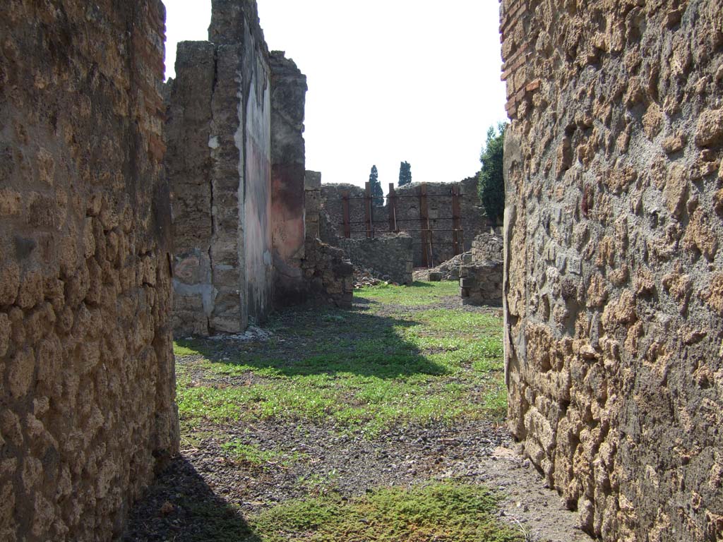 VI.11.12 Pompeii. September 2005. 
Looking west from entrance corridor (1), across atrium (2), towards tablinum (5) with remains of painted plaster and garden beyond.
On the south side (left) of the tablinum is the doorway to the oecus (6).