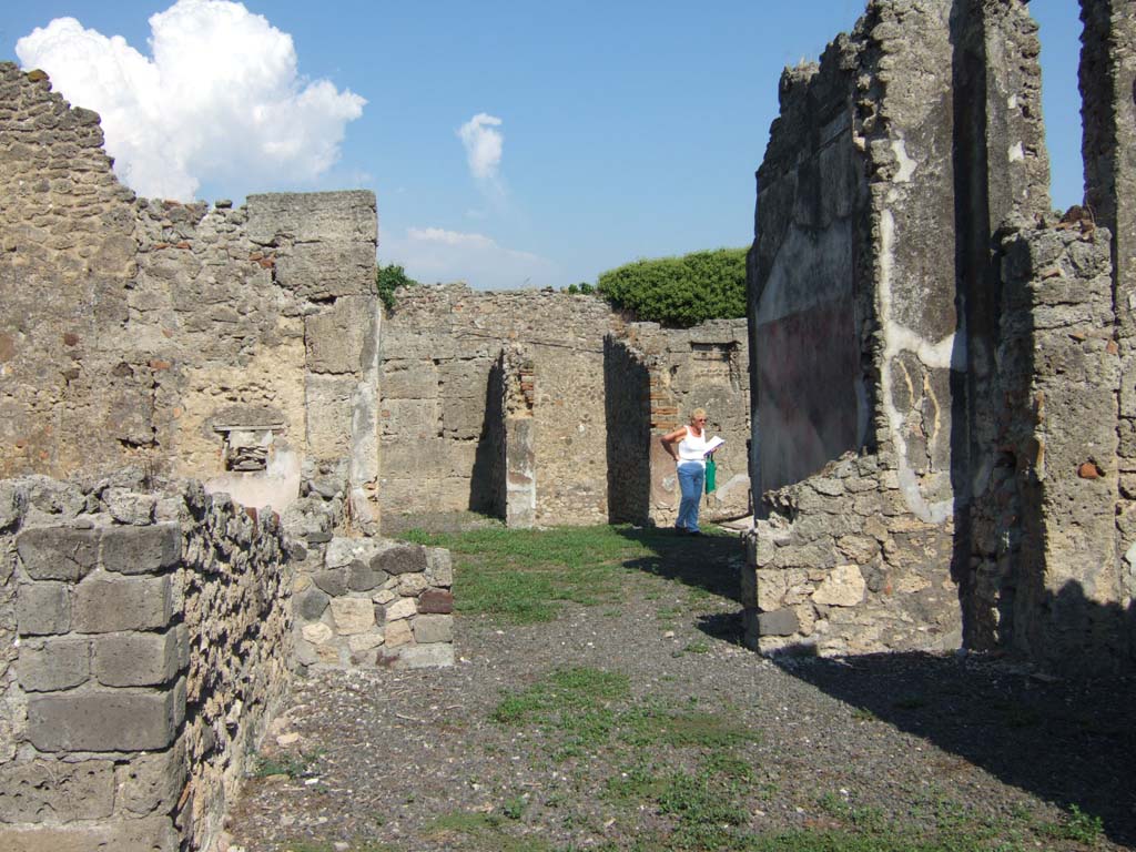 VI.11.12 Pompeii. September 2005. 
Looking across area of uncovered walkway (19) to tablinum (5), and east across atrium (2) to entrance doorway.
On the left would have been the triclinium (4), with a window at both ends.
The one in the east wall overlooked the north ala/atrium.
According to Jashemski, the garden at the rear of the house (excavated in 1842) was entered through an unroofed passageway at the rear of the tablinum.
See Jashemski, W. F., 1993. The Gardens of Pompeii, Volume II: Appendices. New York: Caratzas. (p.144)