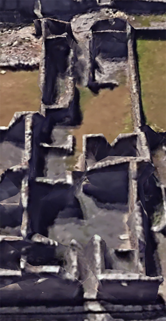 VI.11.6 Pompeii. Google Earth. 2023. 
Looking west from VI.11.13 entrance doorway, lower centre, towards VI.11.6, upper centre.