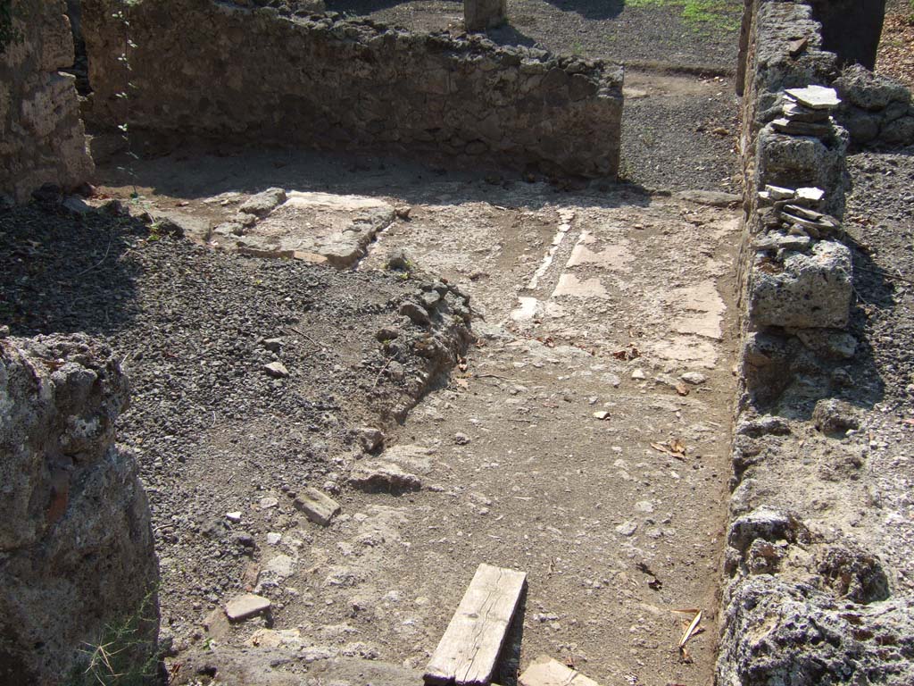 VI.11.17 Pompeii. September 2005. Looking west along floor of corridor. On the left would have been a cubiculum, room (9). 
According to Jashemski and Fiorelli, the area in the upper left, connecting with the doorway, was a small courtyard of the workshop.
It may have had some potted plants.
See Jashemski, W. F., 1993. The Gardens of Pompeii, Volume II: Appendices. New York: Caratzas. (p.143)
See Pappalardo, U., 2001. La Descrizione di Pompei per Giuseppe Fiorelli (1875). Napoli: Massa Editore. (p.69)