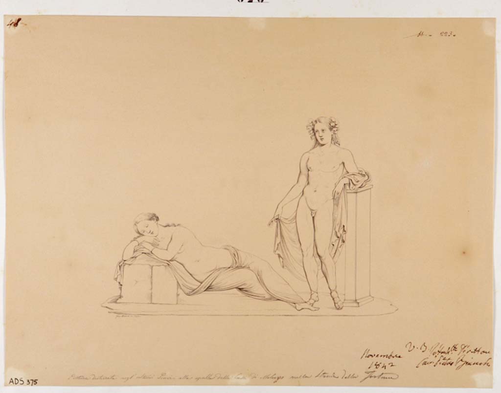 VI.11.17/4, Pompeii. Drawing by Giuseppe Abbate, 1842, of painting of Dionysus finding Ariadne, from a room near the peristyle.
Now in Naples Archaeological Museum. Inventory number ADS 375.
Photo © ICCD. https://www.catalogo.beniculturali.it
Utilizzabili alle condizioni della licenza Attribuzione - Non commerciale - Condividi allo stesso modo 2.5 Italia (CC BY-NC-SA 2.5 IT)
Kuivalainen comments –
“An almost naked canonical Bacchus discovers Ariadne, who is sleeping heavily, even if on an uncomfortable looking support.”
See Kuivalainen, I., 2021. The Portrayal of Pompeian Bacchus. Commentationes Humanarum Litterarum 140. Helsinki: Finnish Society of Sciences and Letters, (p.142, E1).