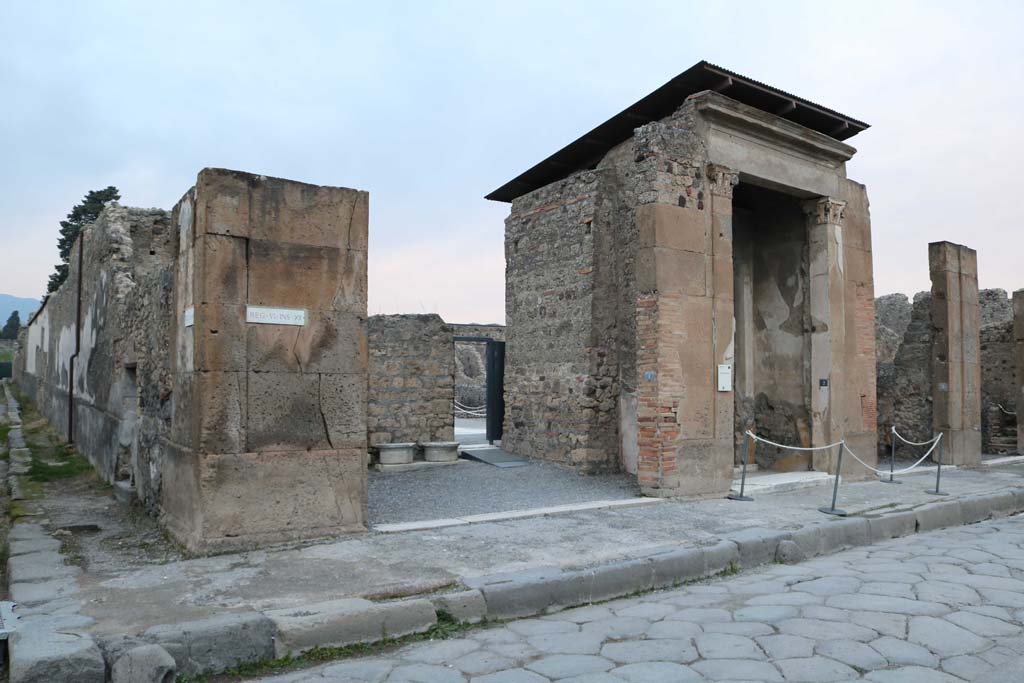 VI.12.1, Pompeii. December 2018. 
Looking towards entrance doorways to VI.12.1, centre, and VI.12.2, centre right. Photo courtesy of Aude Durand.