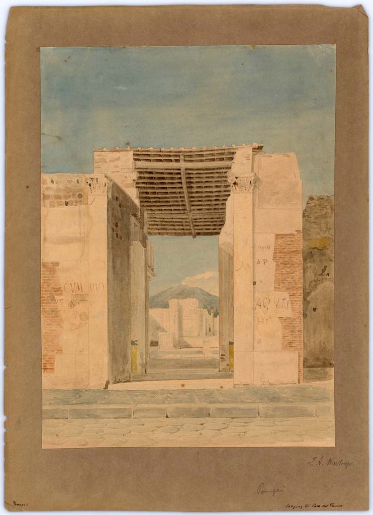 VI.12.2 Pompeii. 1849. Looking north towards entrance doorway, painting by Laurits Albert Winstrup. 
Photo © Danmarks Kunstbibliotek, inventory number ark_6083.