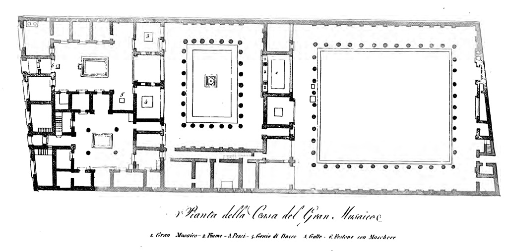VI.12.2/5 Pompeii. 
According to this plan –
Mosaic 1 – shows the large Alexander mosaic in the Exedra.
Mosaic 2 – shows a river scene, as the threshold into the room with the Alexander mosaic. 
Mosaic 3 – shows a mosaic with fishes (in the dining room on the left of the tablinum).
Mosaic 4 – shows a mosaic with the Genius of Bacchus (in the room on the right of the tablinum).
Mosaic 5 – shows a mosaic with a cat, from the east ala.
Mosaic 6 – shows a mosaic with garlands and masks (in the threshold between the entrance corridor and the atrium).
See Raccolta de più belli ed interessanti Dipinti, Musaici ed altri monumenti rinvenuti negli Scavi di Ercolano, di Pompei, e di Stabia. 1871. Napoli, Tav. 44.
