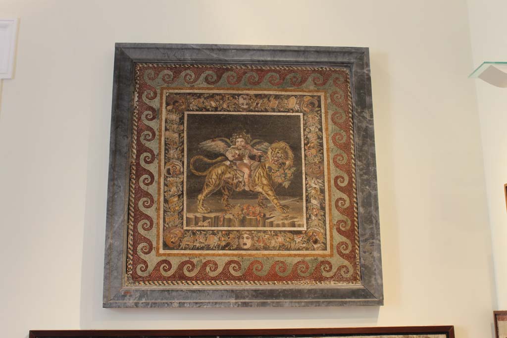 VI.12.2 Pompeii. March 2014. Found in one of the two dining rooms (either 35 or 34) at the sides of the tablinum 33. 
Mosaic of the child Dionysus astride an animal with the head of a lion and the body of a tiger.
Now in Naples Archaeological Museum. Inventory number 9991.
Foto Annette Haug, ERC Grant 681269 DÉCOR.