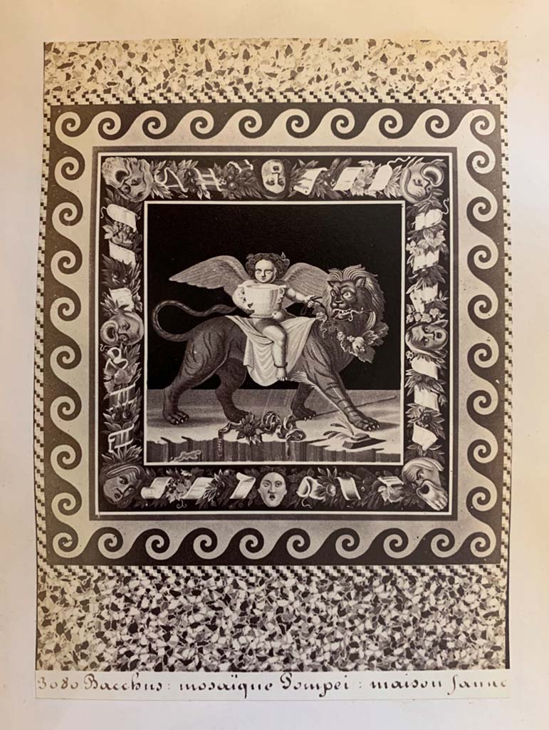 VI.12.2 Pompeii.
From an album of Michele Amodio dated 1874, entitled “Pompei, destroyed on 23 November 79, discovered in 1745”. 
Mosaic of the child Dionysus astride an animal. Photo courtesy of Rick Bauer.