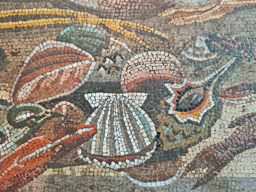 VI.12.2 Pompeii. September 2024. Detail from original mosaic emblema found 1st December 1830 in ala 30 on east side of atrium. 
Now in Naples Archaeological Museum. Inventory number 9993.  Photo courtesy of Giuseppe Ciaramella.